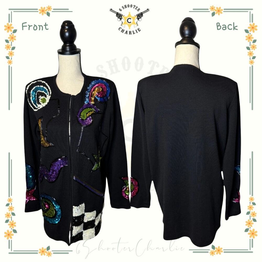 Vintage Outlander Sequined Cardigan Sweater Women's Size Medium Black Knitted